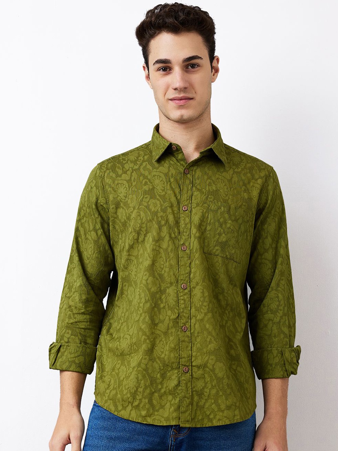 

SPYKAR Men Spread Collar Floral Printed Cotton Casual Shirt, Green