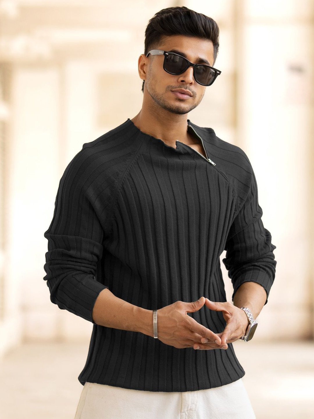 

Powerlook Men Striped Round Neck Cotton T-shirt, Black
