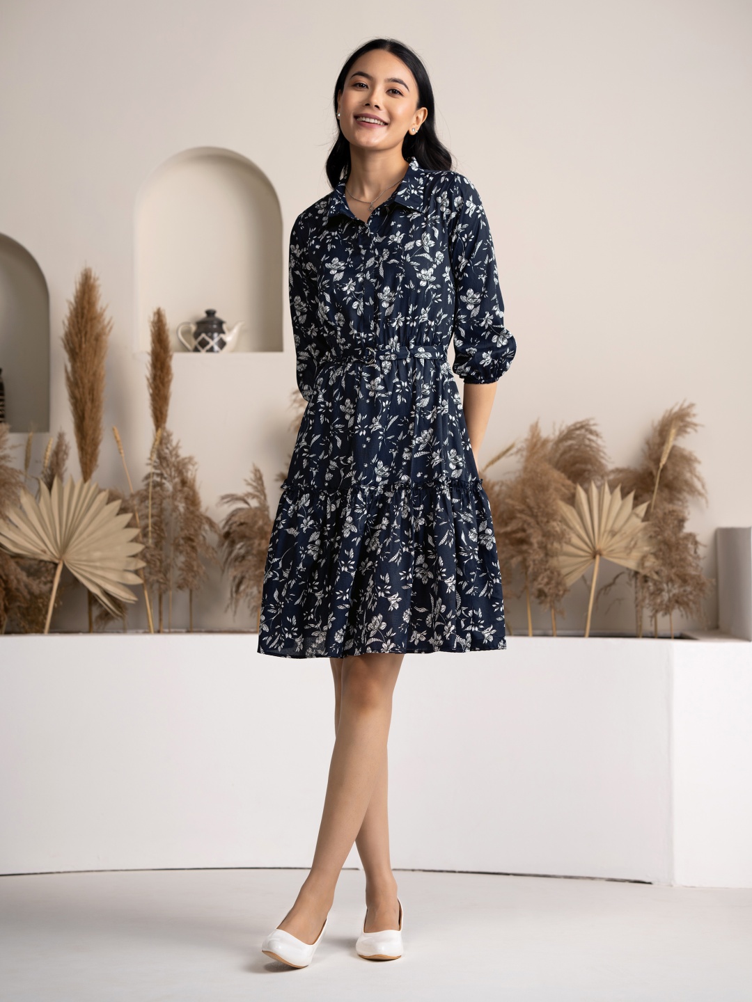 

DressBerry Women Floral Printed Crepe Fit & Flare Dress, Navy blue