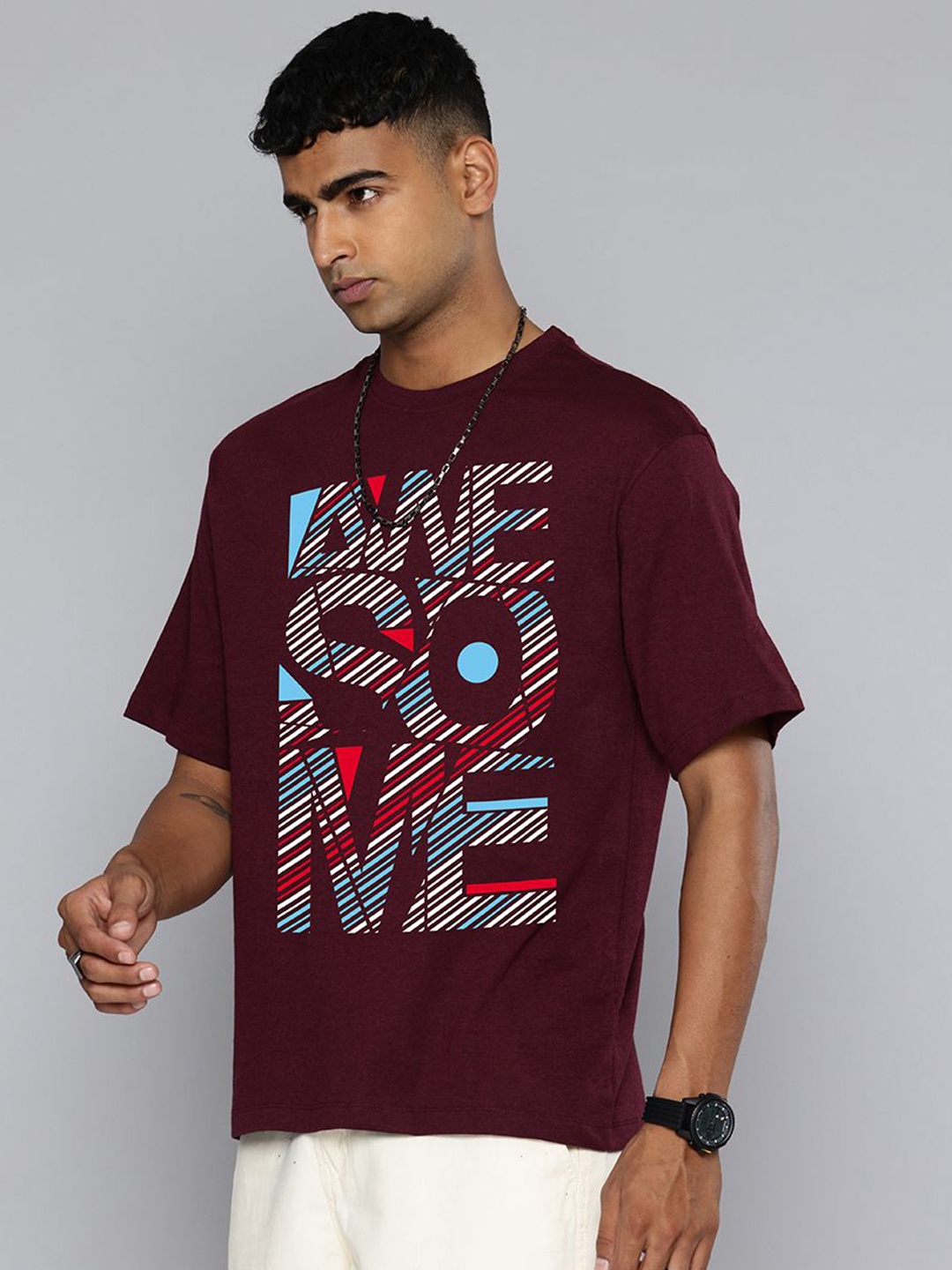 

Moda Rapido Men Typography Printed Round Neck Cotton Relaxed Fit T-shirt, Burgundy