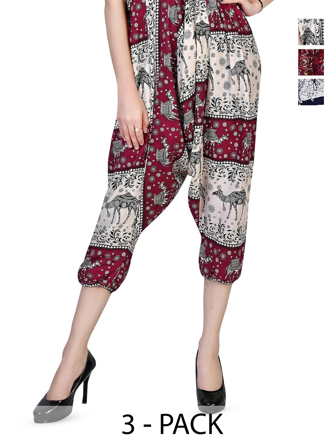 

NarNari Pack Of 3 Printed Mid-Rise Harem Pants, Maroon