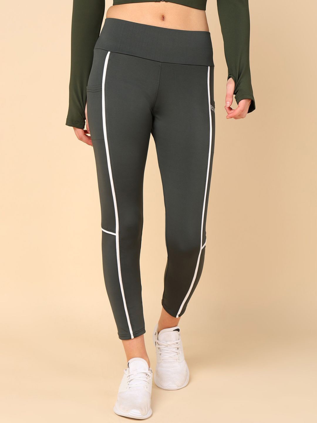 

E1.88 Women Striped High Waist Pocket Tights, Olive