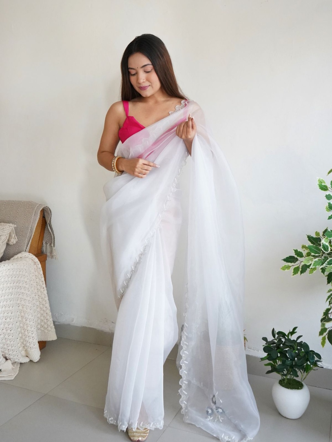 

ODETTE Embroidered Organza Saree, White