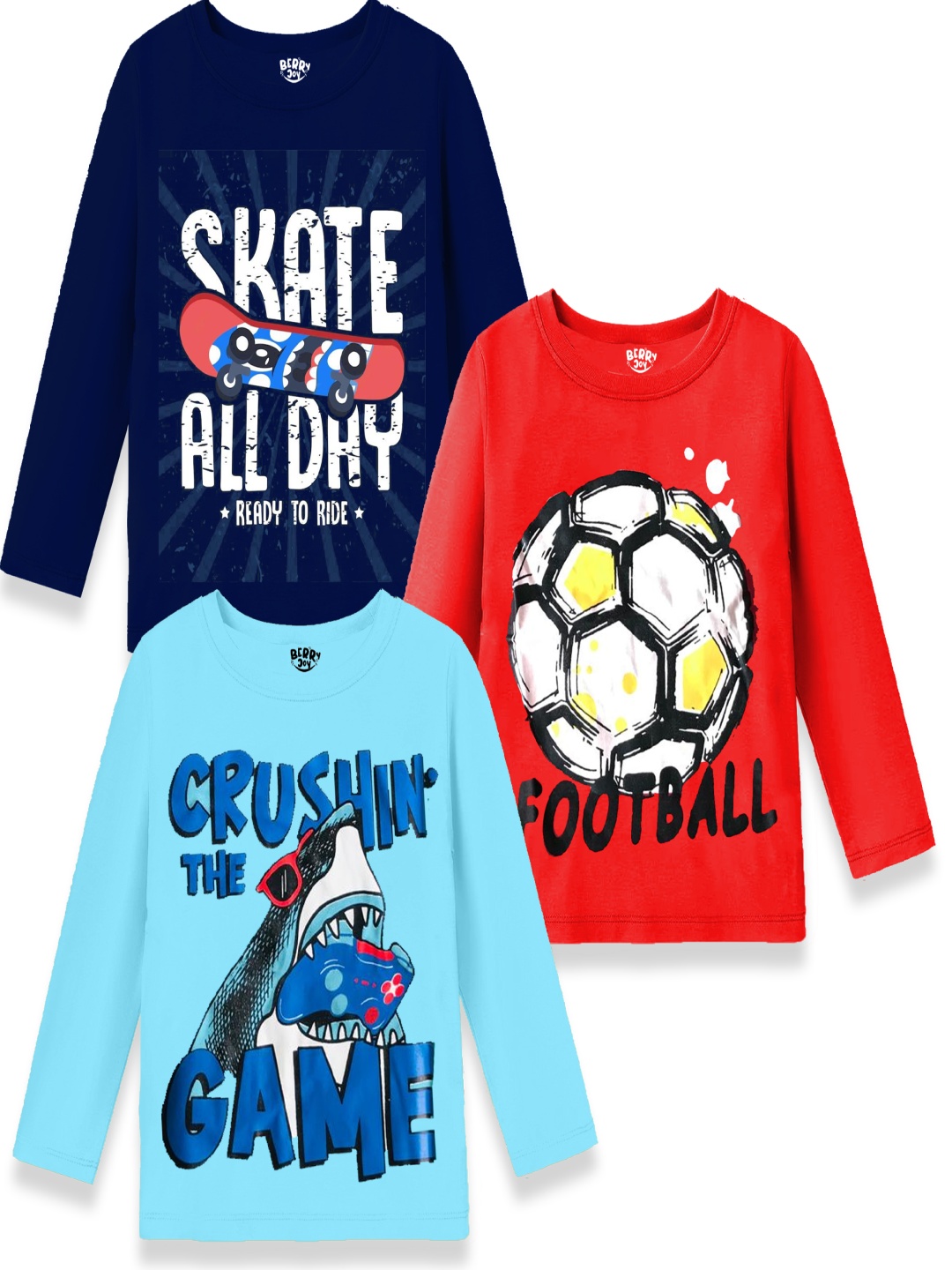 

BERRYJOY Boys Pack Of 3 Typography Printed Round Neck Cotton T-shirts, Blue