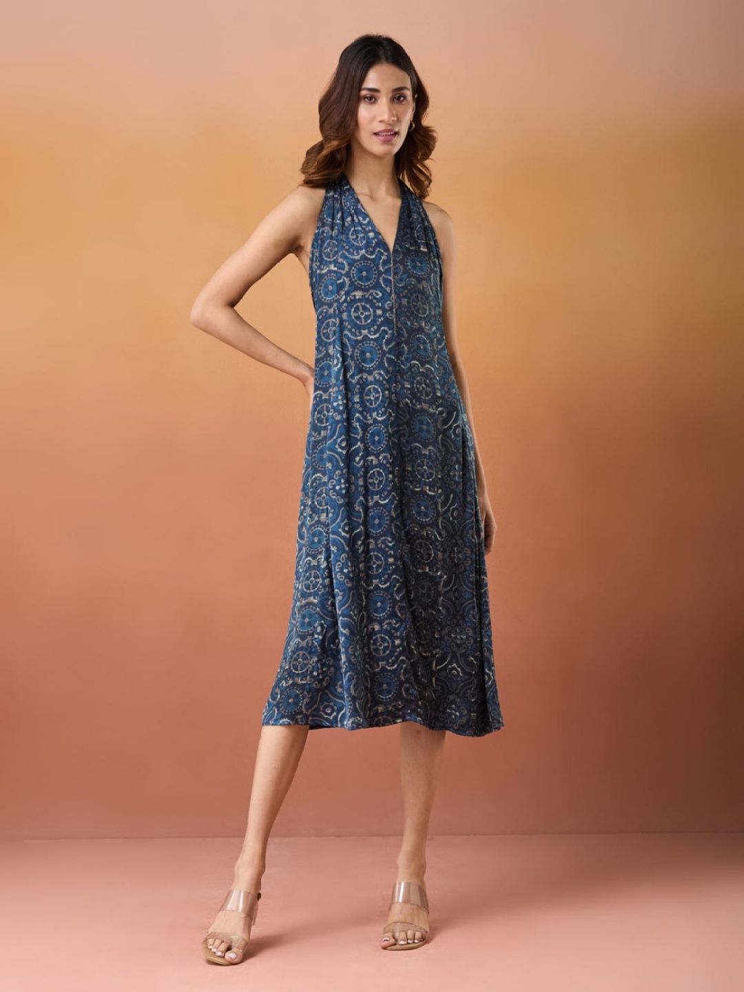 

Fabindia Ethnic Motifs Printed Halter Neck A-Line Dress, Blue