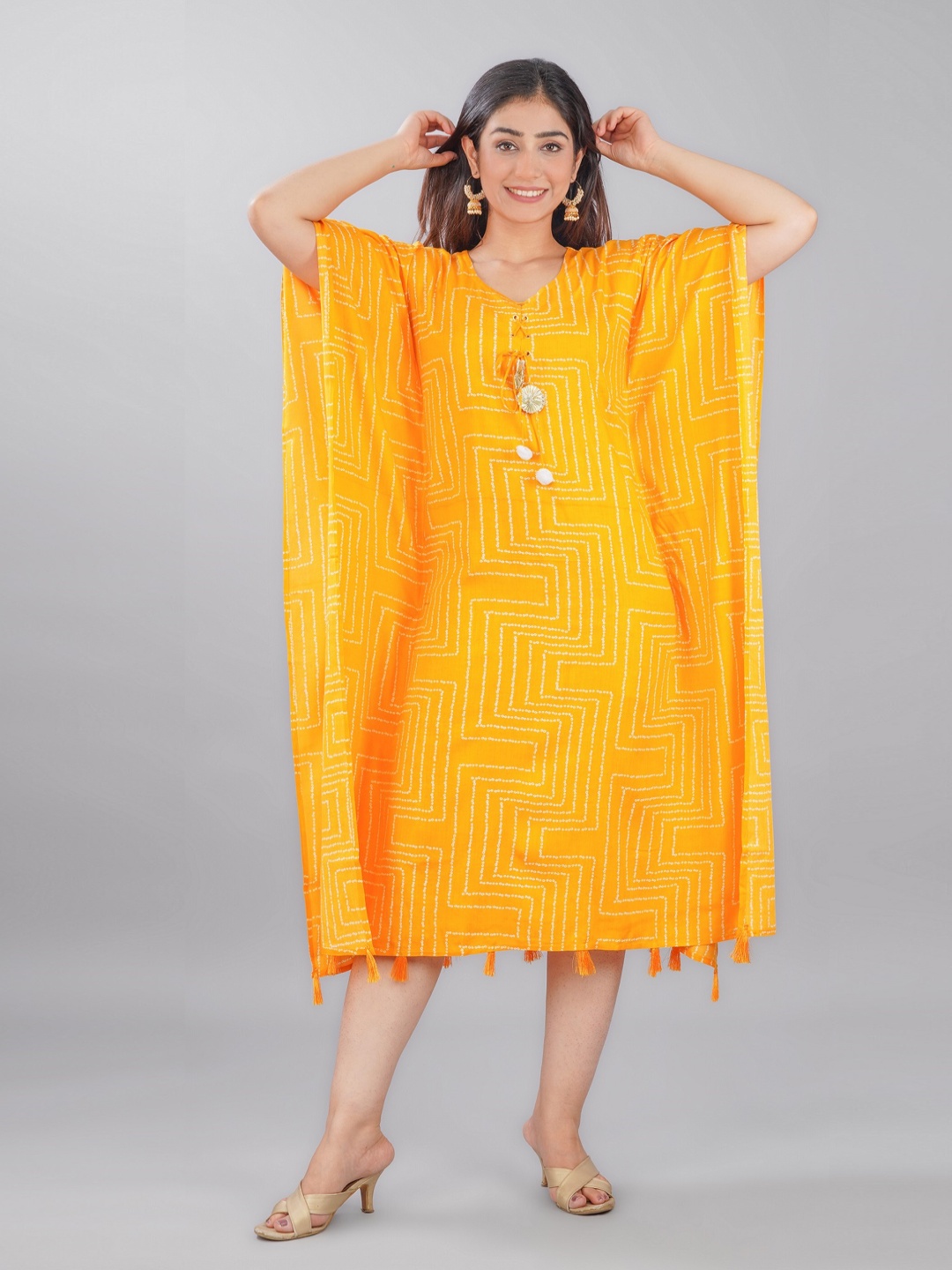 

ANNAYEMA APPARELS Geometric Printed Kimono Sleeves Kaftan Midi Dress, Yellow