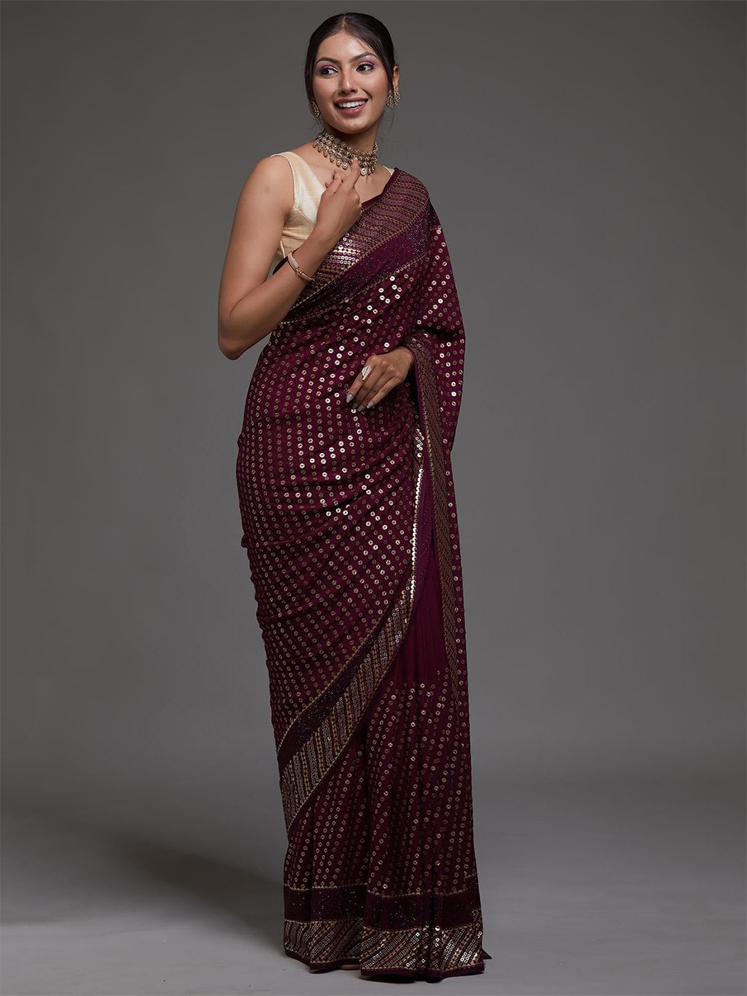 

FABPIXEL Embellished Sequinned Pure Georgette Saree, Maroon