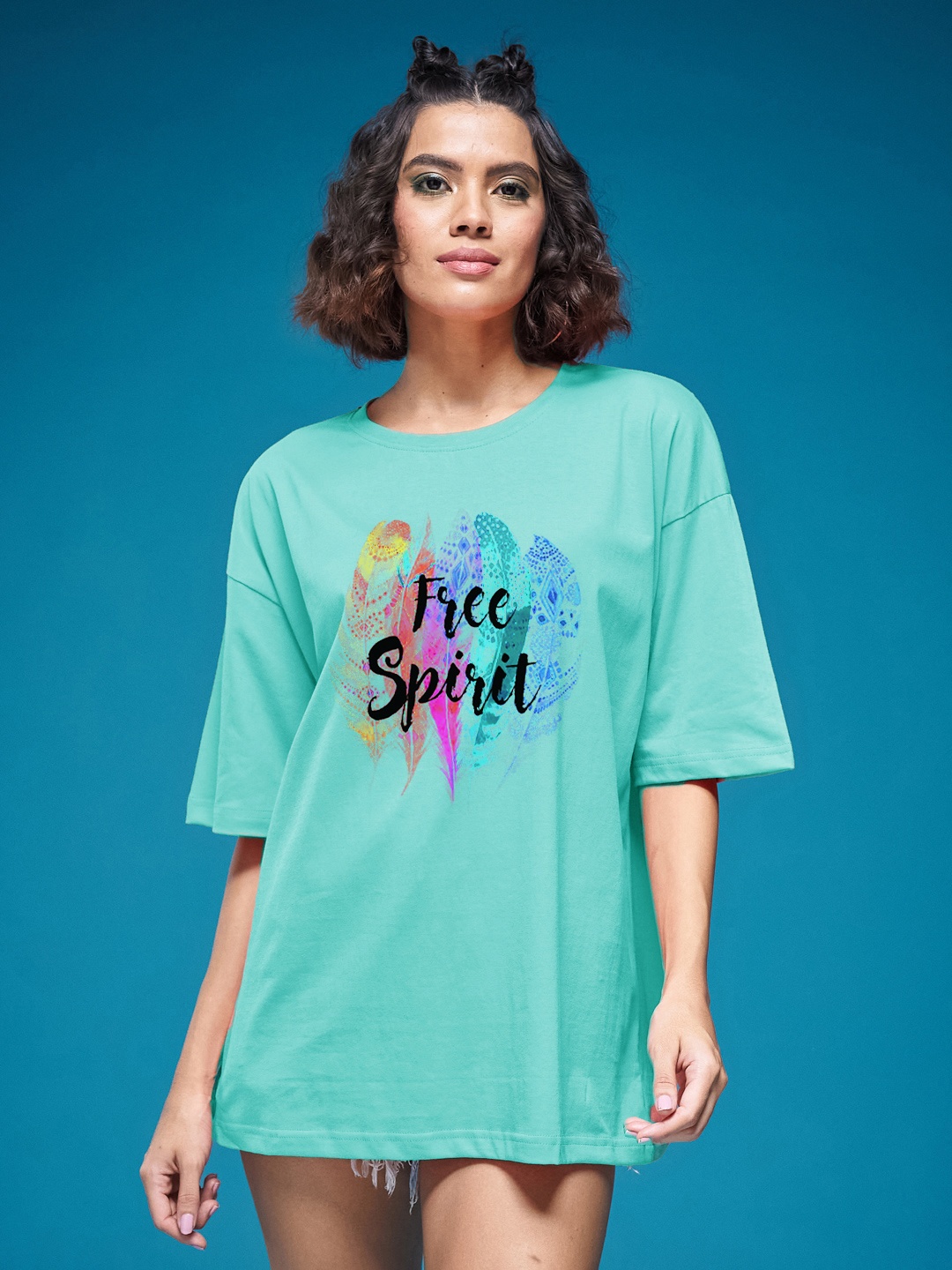 

SMARTEES Women Typography Printed Round Neck Cotton Oversized T-shirt, Sea green