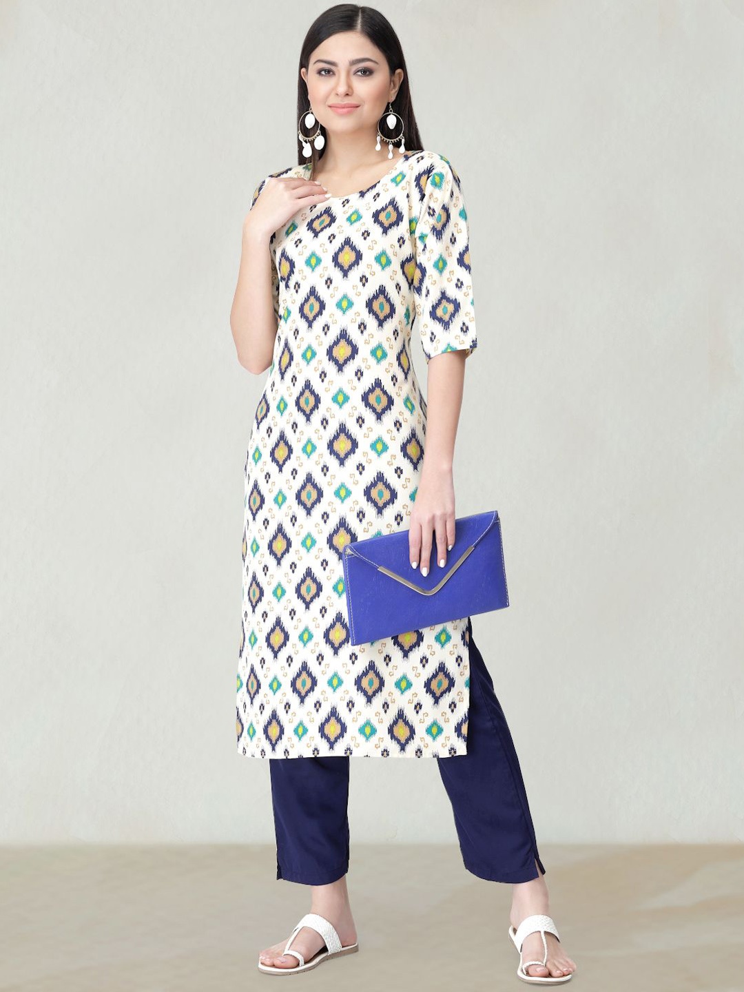 

Moda Rapido Ethnic Motifs Printed Round Neck Straight Kurta, Cream