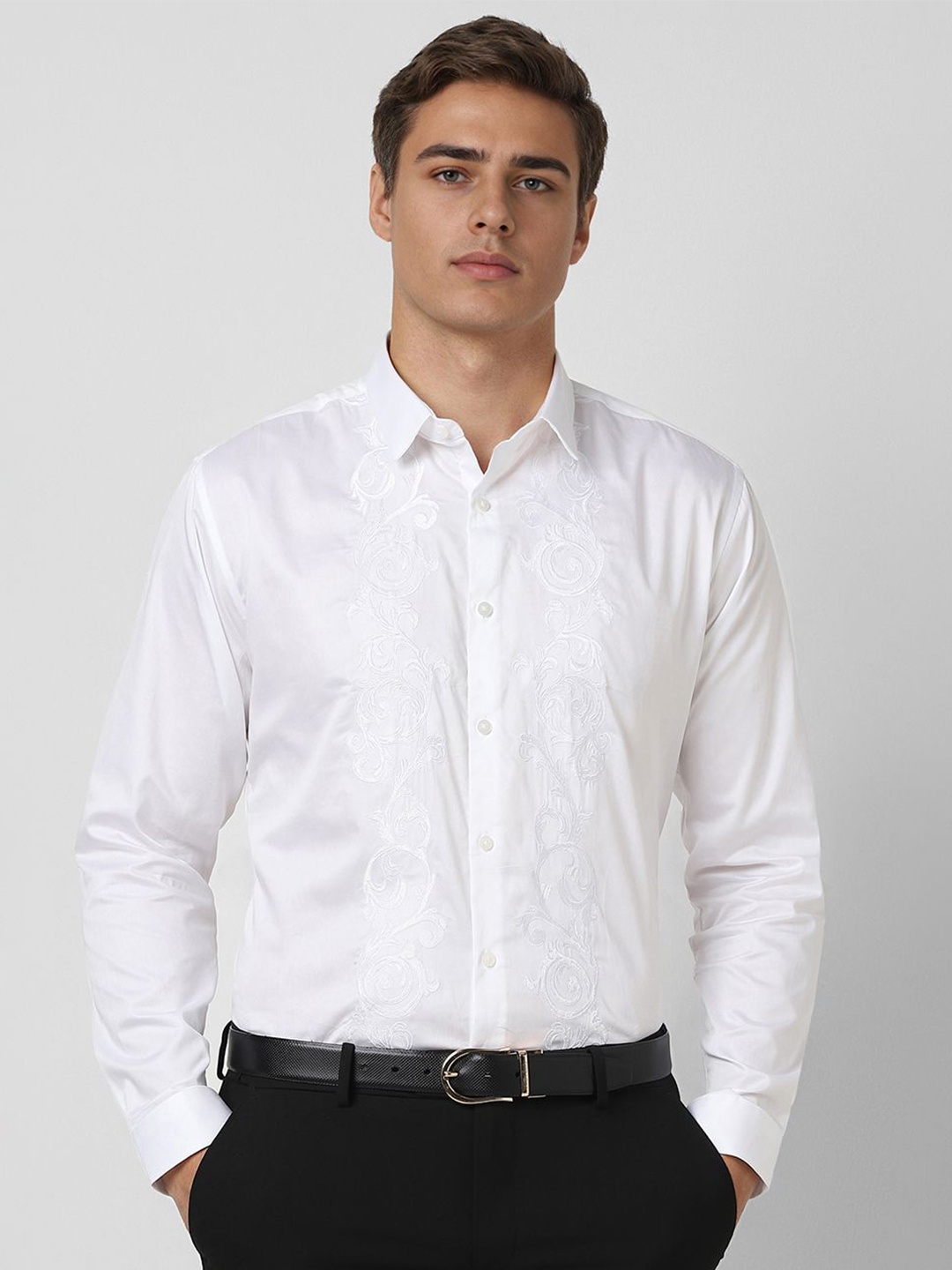 

V Dot Men Slim Fit Floral Opaque Party Shirt, White