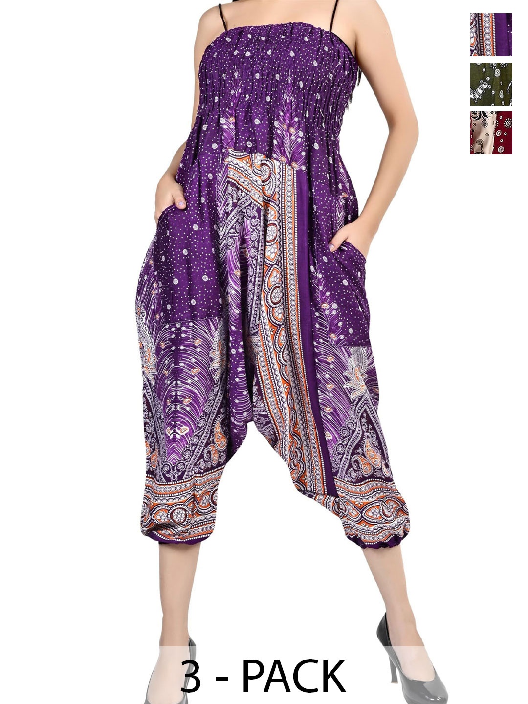

NarNari Women Pack Of 3 Printed Loose Fit Harem Pants, Purple
