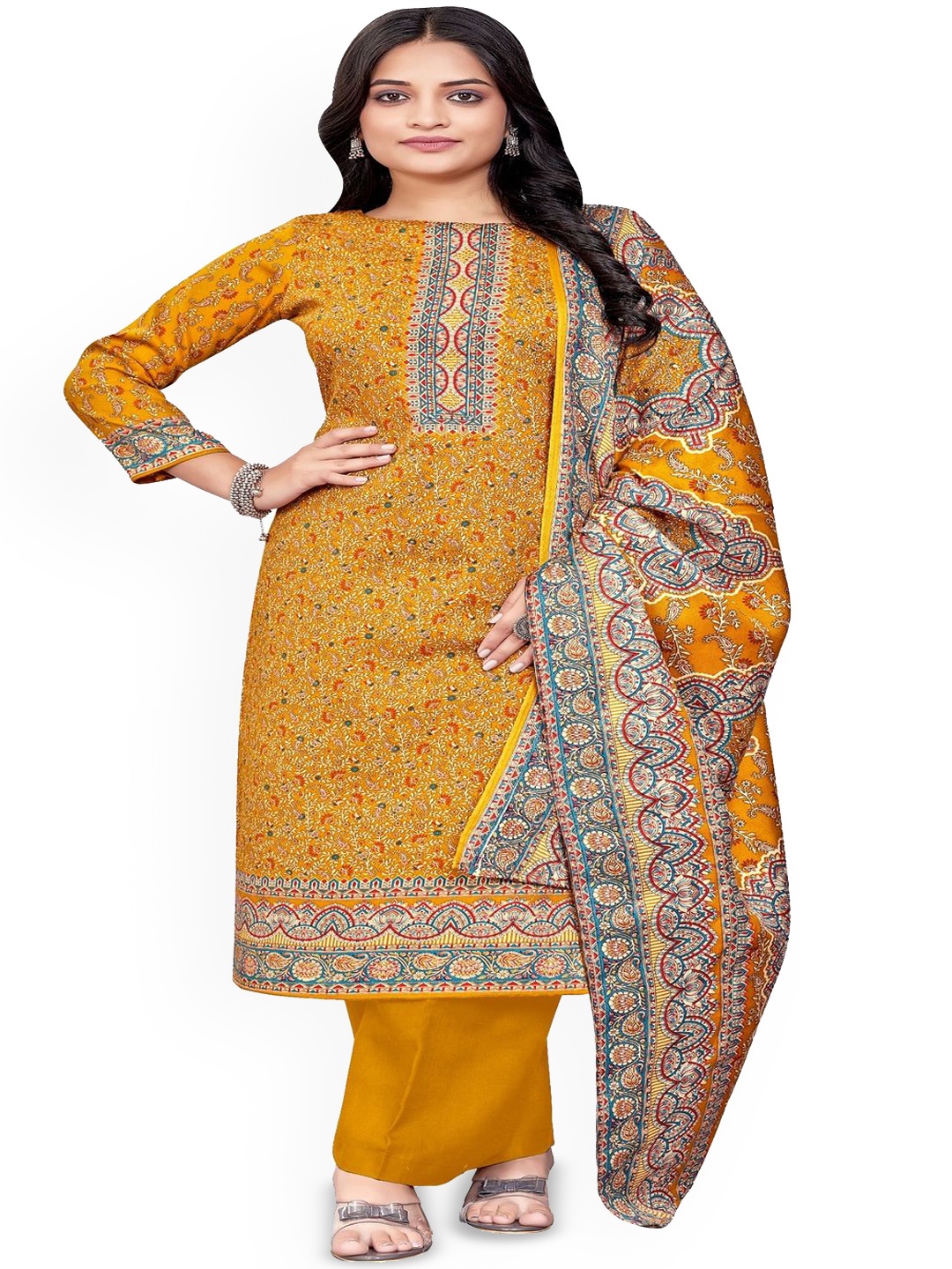 

DRAVINAM Trends Floral Printed Pashmina Unstitched Dress Material, Yellow