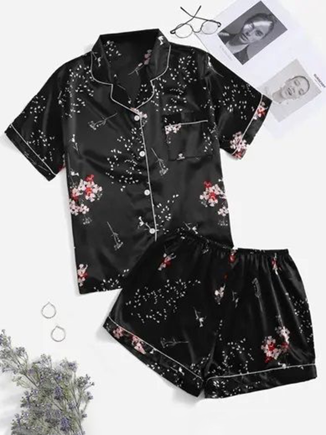 

SHINE N SHOW Women Floral Printed Night suit, Black