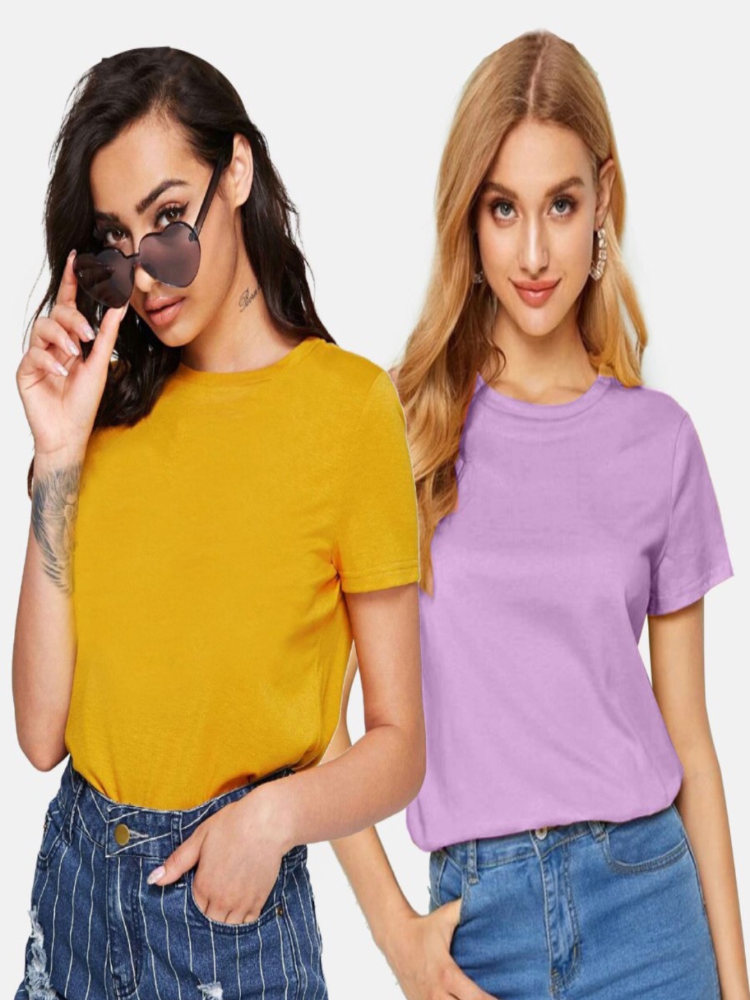 

DEEPMAYRA COLLECTION Women Pack Of 2 Solid Round Neck Cotton T-shirts, Mustard