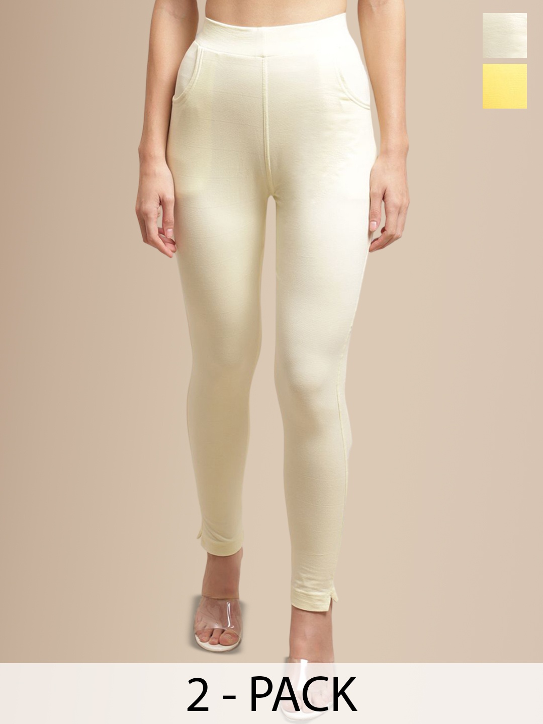 

Valles365 by S.C. Plus Size Women Pack Of 2 Cotton Ankle-Length Leggings with Pocket, Yellow