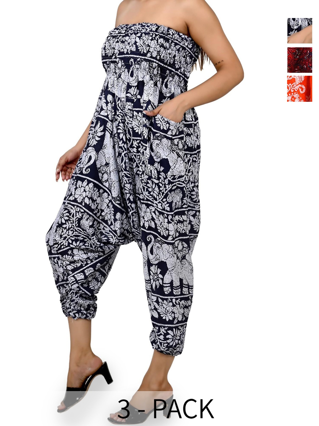

NarNari Women Pack of 3 Printed High Rise Harem Pants, Black
