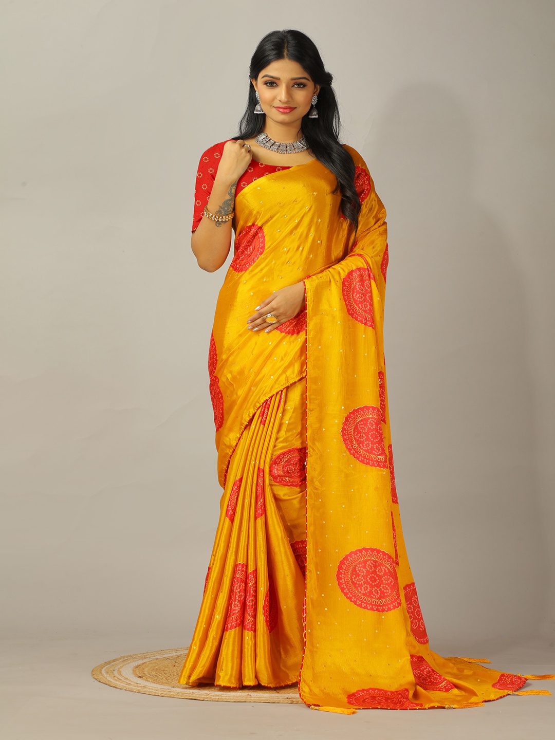 

NIRMAL CREATION Bandhani Pure Crepe Saree, Mustard