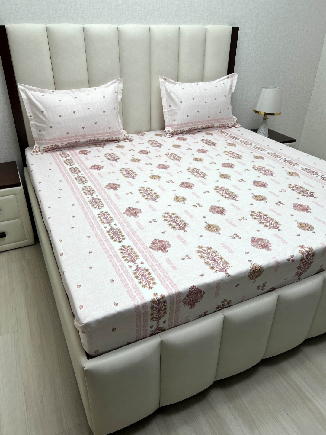 

Pure Decor White & Pink Ethnic Motifs Queen Bedsheet with 2 Pillow Covers