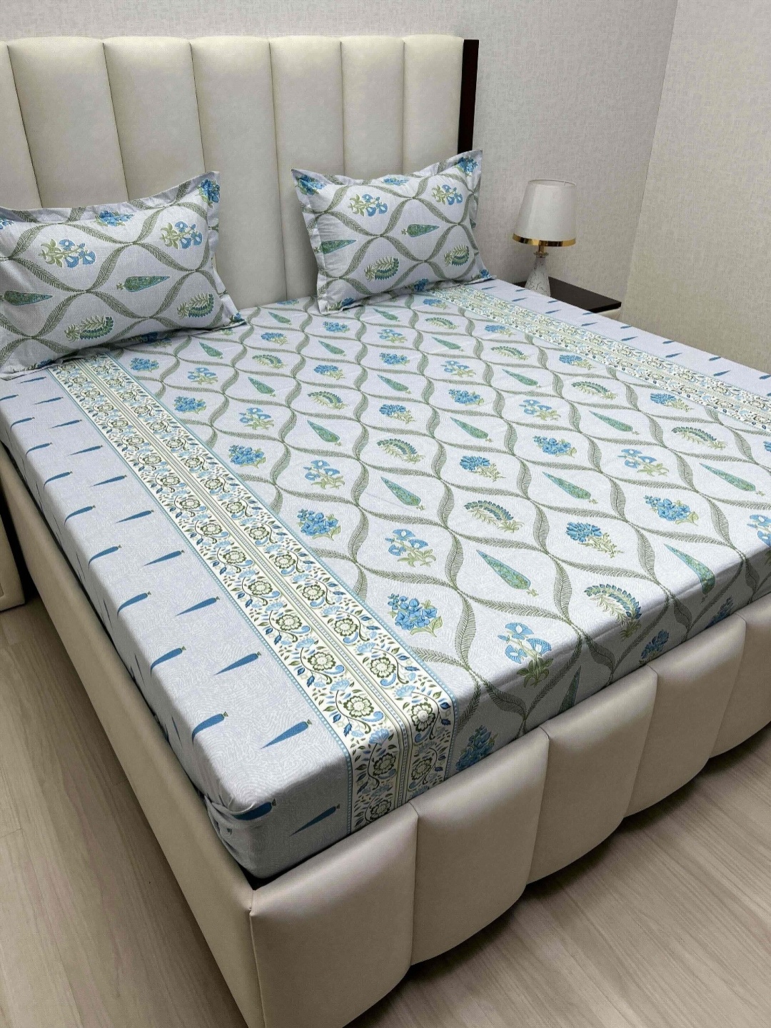 

Pure Decor Royal Passion Green Printed Cotton 330 TC Queen Bedsheet Set 2.28m x 2.54m, Grey