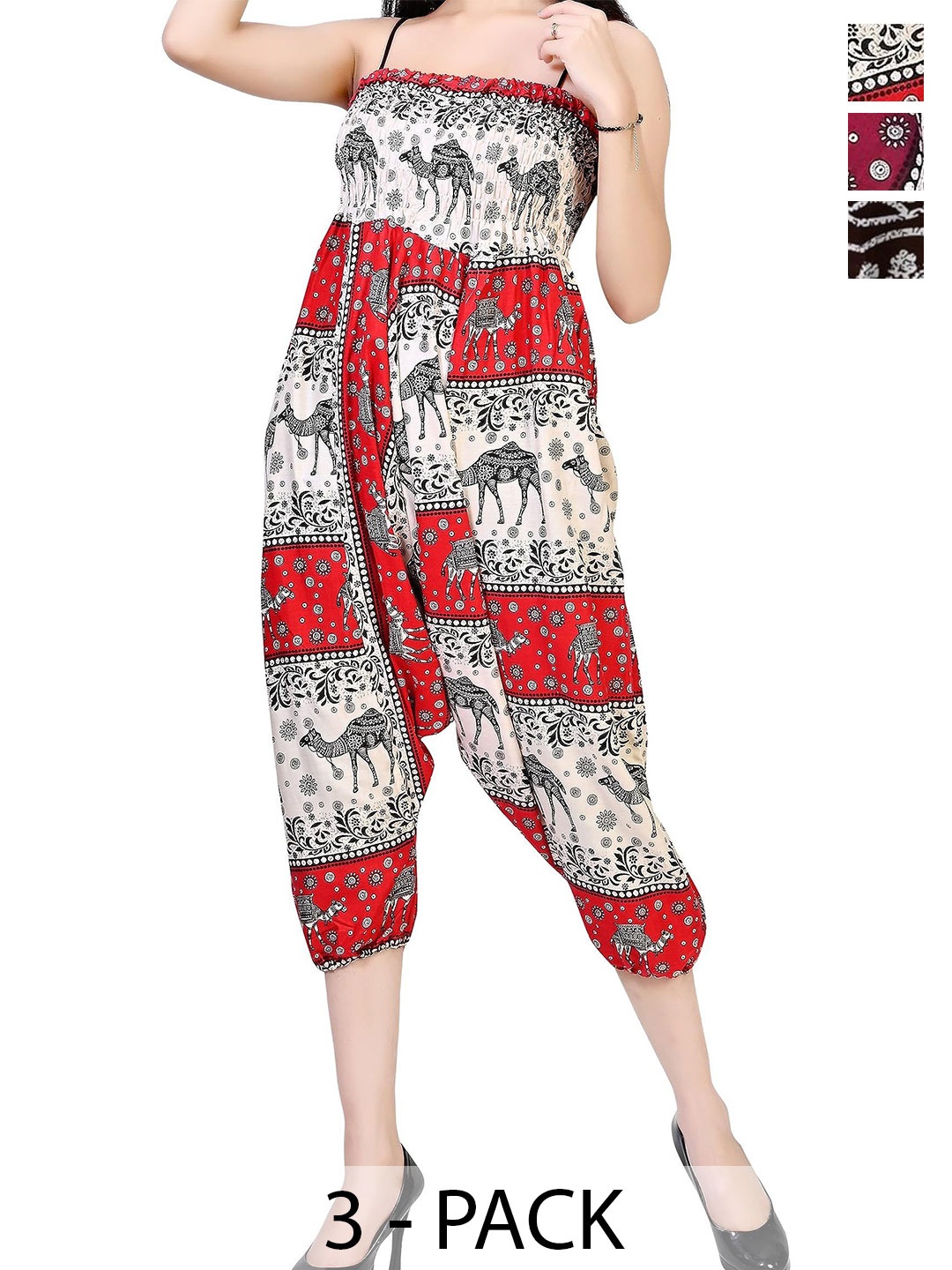 

NarNari Women Pack Of 3 Printed Mid-Rise Harem Pants, Red