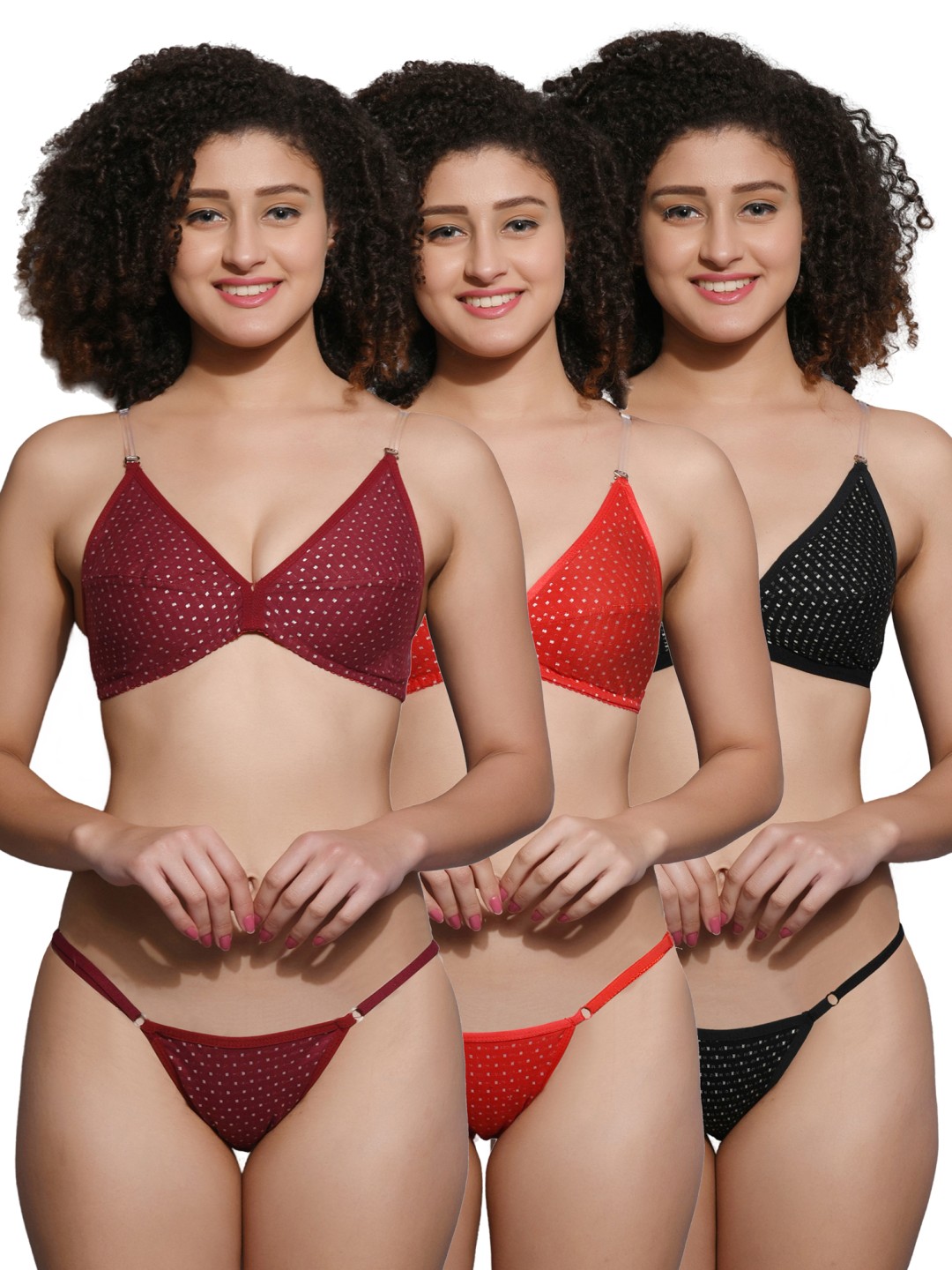 

chia fashions Pack Of 3 Polka Dot Printed Lingerie Set - CHFS-BIJLI-MRN-RED-BLK-30B, Maroon
