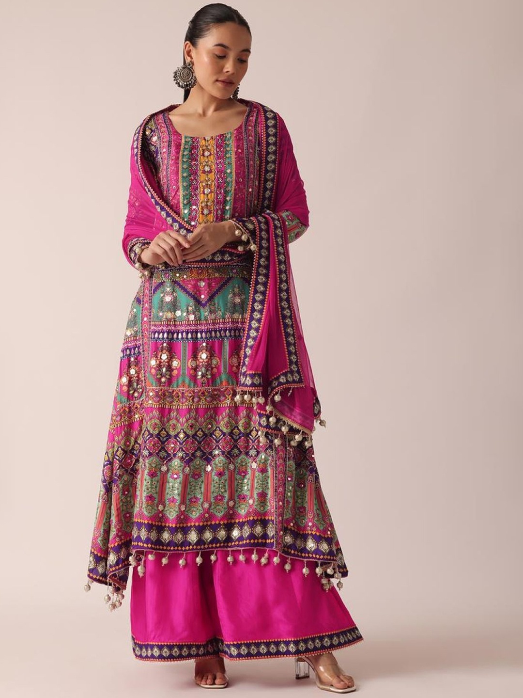 

NKV Ethnci Motifs Printed Beads and Stones A-Line Kurta With Palazzo & Dupatta, Pink