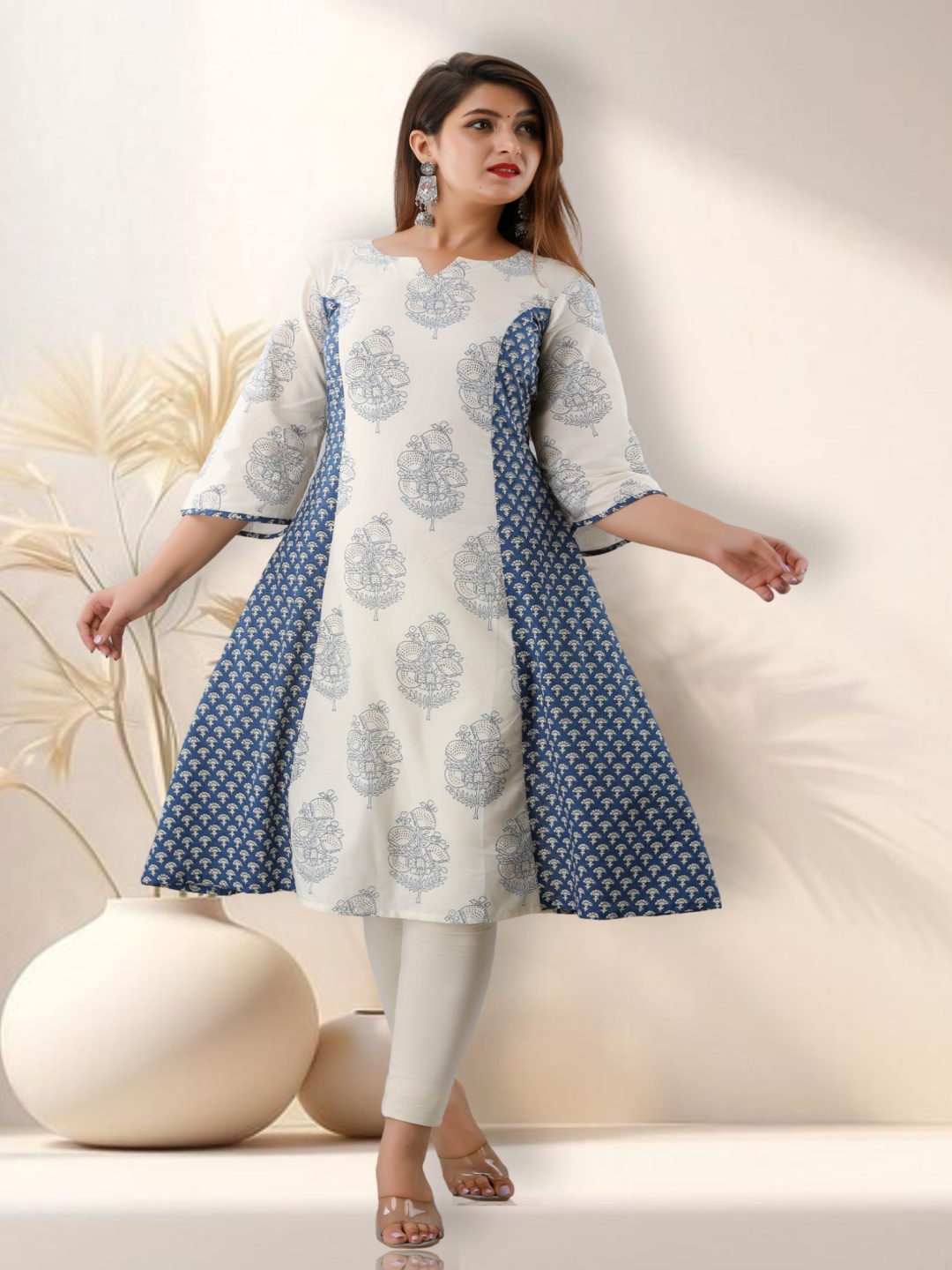 

KUMARI Women Floral Printed Bell Sleeves Thread Work Floral Kurta, Blue