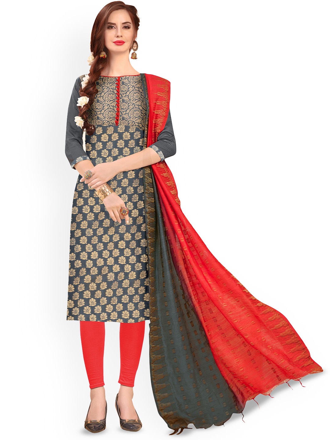 

HERE&NOW Floral Woven Design Banarasi Jacquard Unstitched Dress Material, Grey