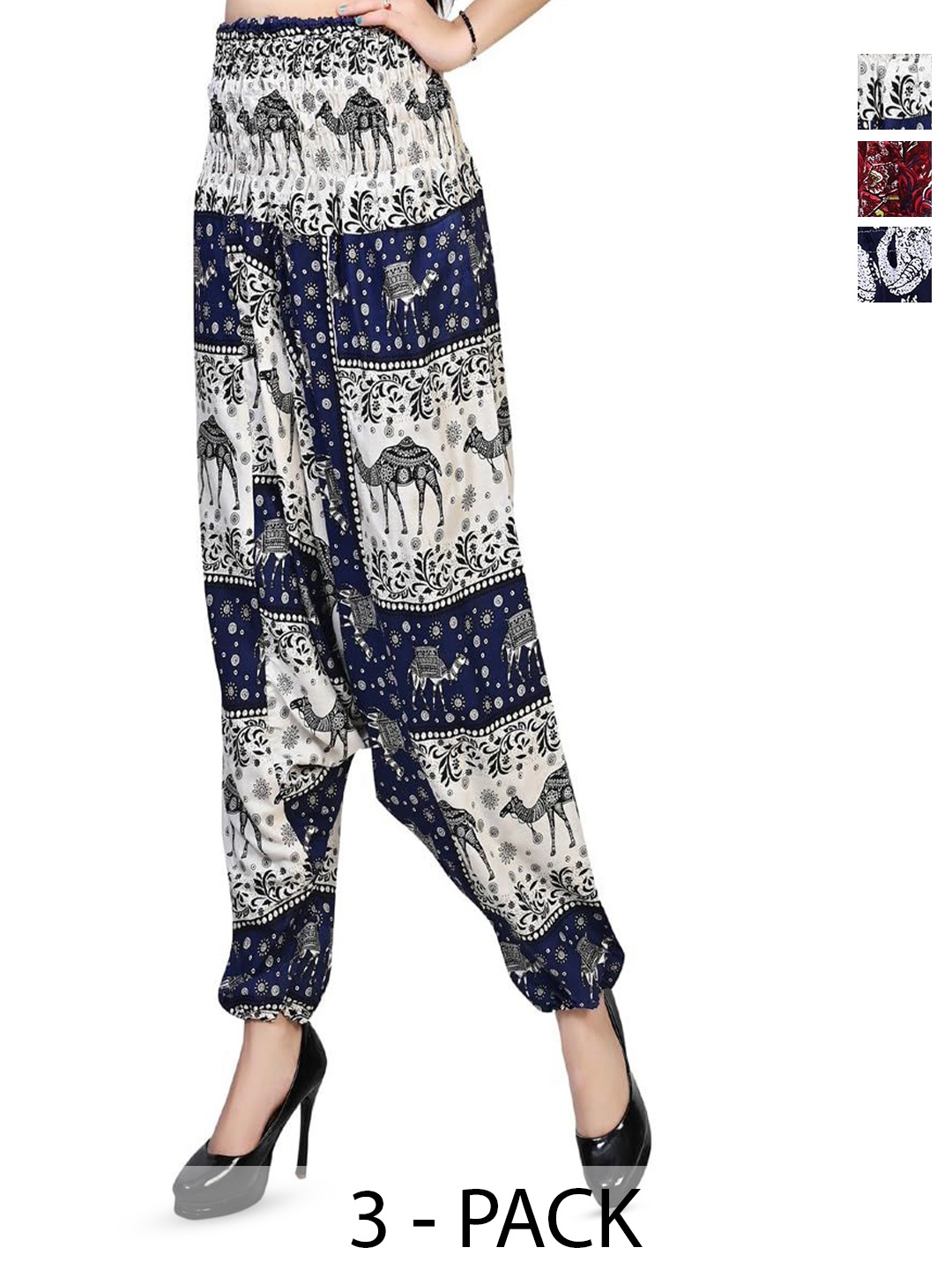 

NarNari Women Pack Of 3 Printed Slip-On Harem Pants, Navy blue