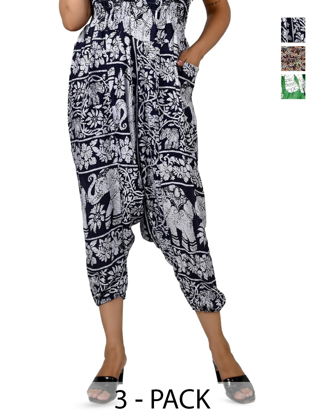 

NarNari Women Pack Of 3 Printed Mid-Rise Harem Pants, Blue