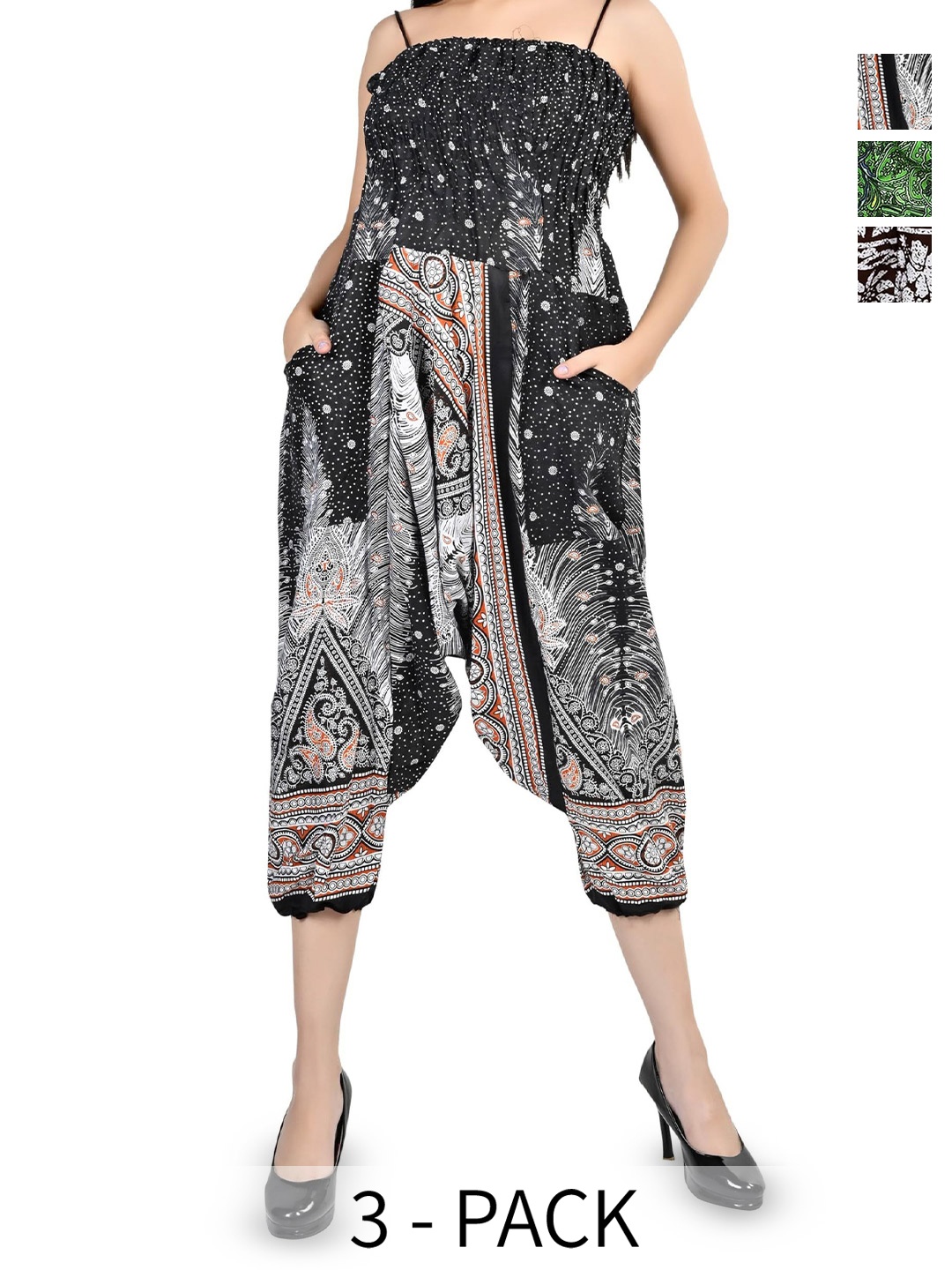 

NarNari Pack Of 3 Printed High Rise Harem Pants, Black