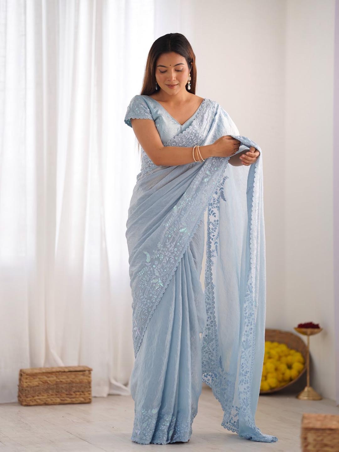 

ODETTE Sequinned Tissue Saree, Blue