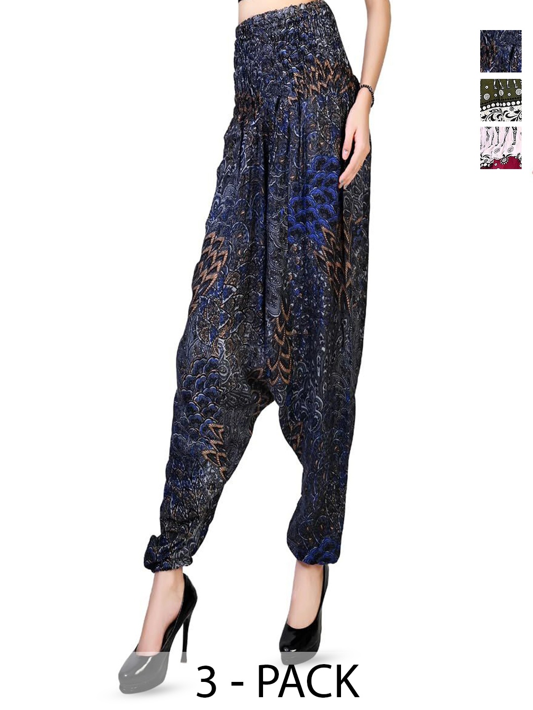 

NarNari Women Pack Of 3 Printed Harem Pants, Blue