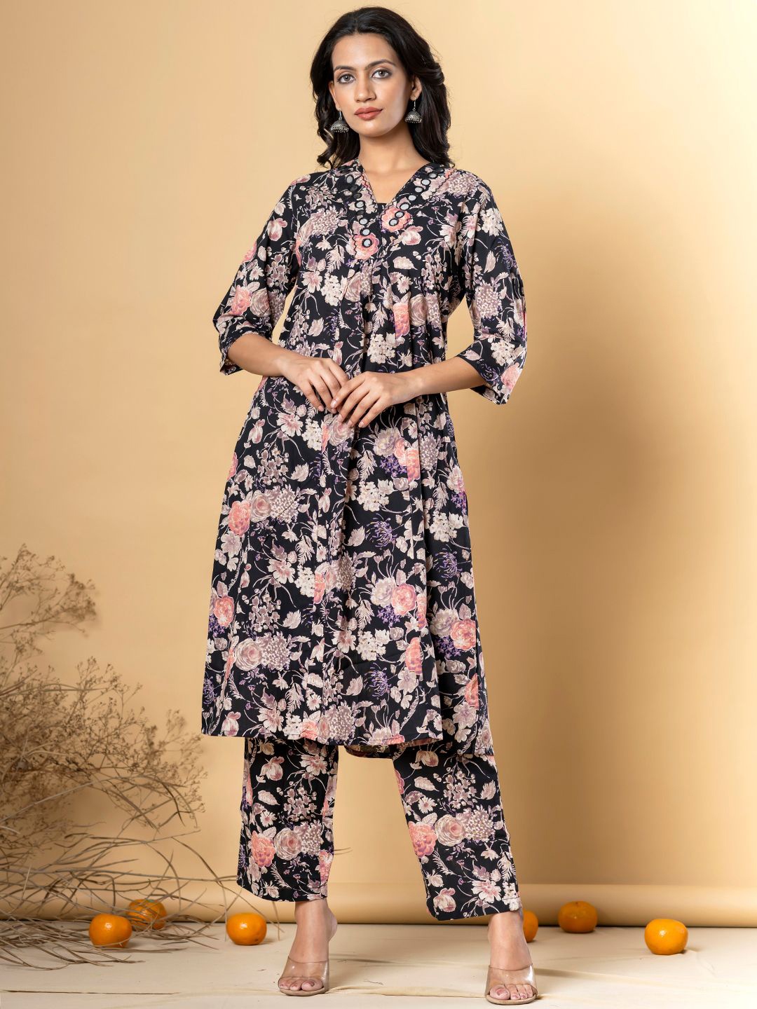 

Readiprint Floral Printed Pleated V-Neck Pure Cotton A-Line Kurta With Trousers, Black