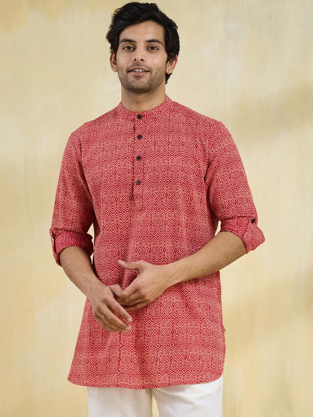 

Fabindia Geometric Printed Band Collar Roll-Up Sleeves Cotton Straight Kurta, Red