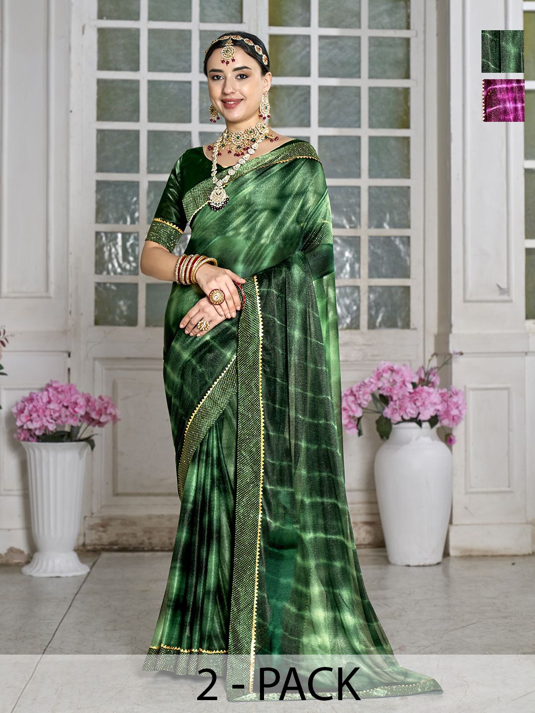 

Anouk Rustic Pack of 2 Dyed Ombre Woven Design Gotta Patti Saree, Green