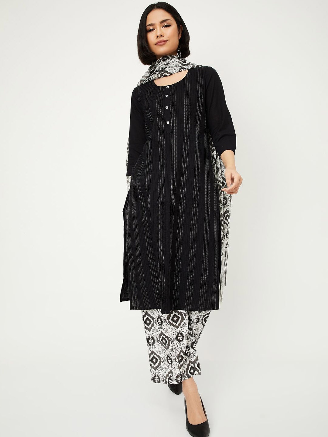 

max Striped Printed Kurta With Trouser And Dupatta, Black