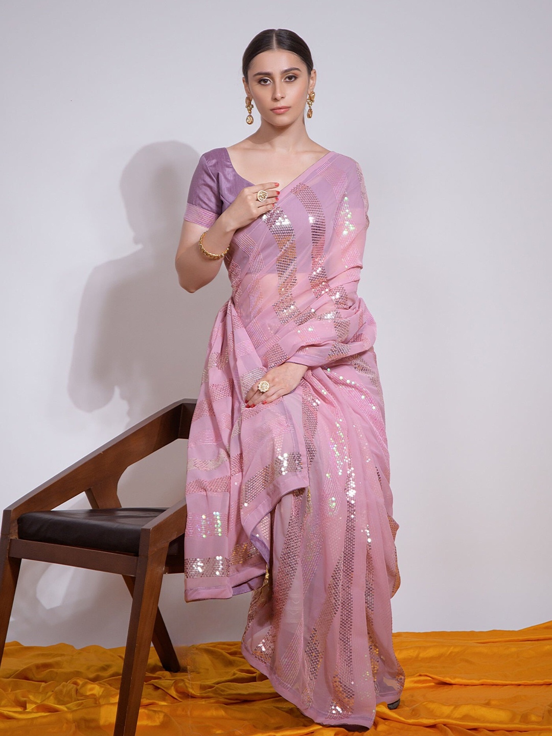 

Moda Rapido Striped Sequinned Pure Georgette Saree, Pink