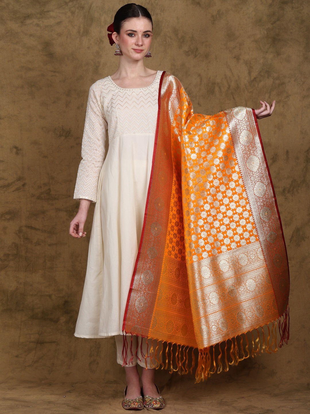 

Exotic India Floral Woven Design Dupatta With Zari, Orange