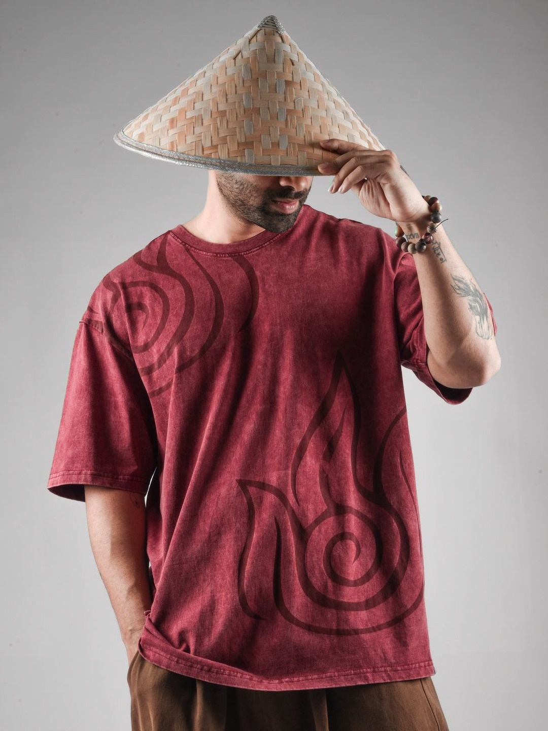 

Xenpachi Avatar Anime Fire Element Inspired Printed Stone Wash Cotton Oversized T-shirt, Red