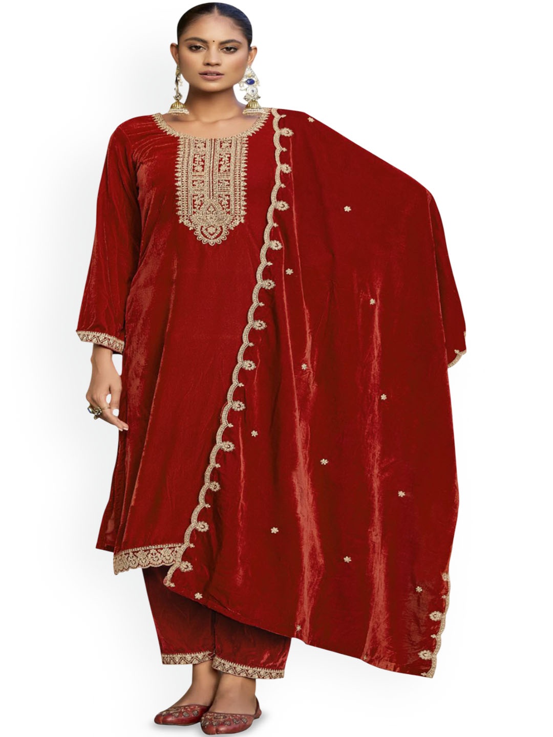 

DRAVINAM Floral Embroidered Velvet Unstitched Dress Material, Red