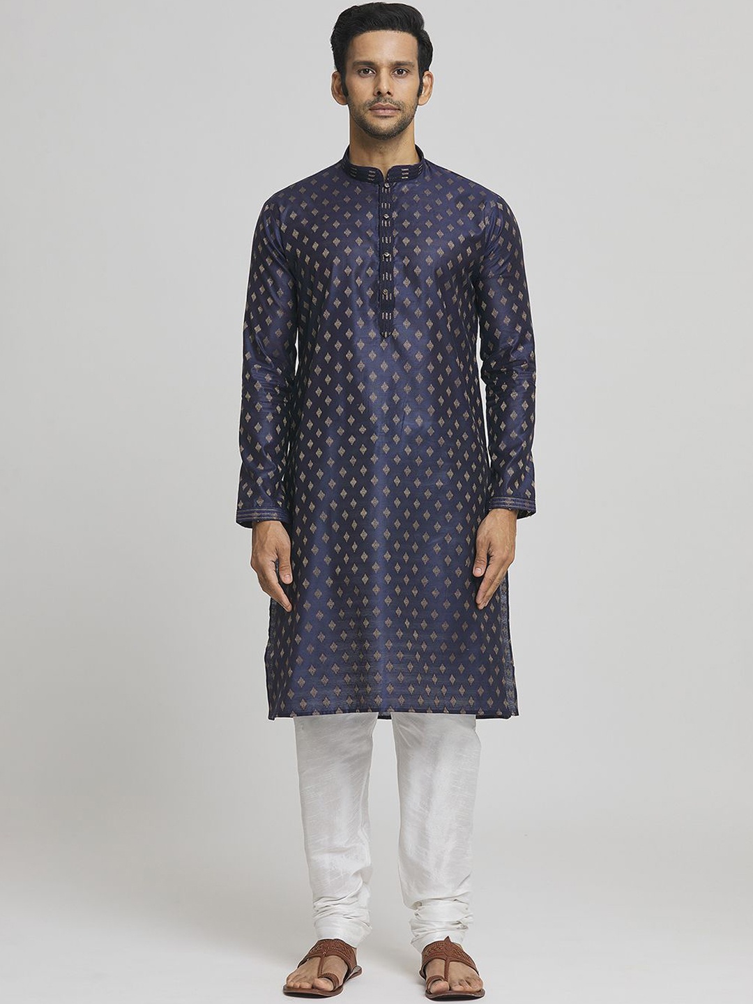 

Arihant Rai Sinha Woven Design Mandarin Collar Pure Cotton Kurta With Churidar, Blue