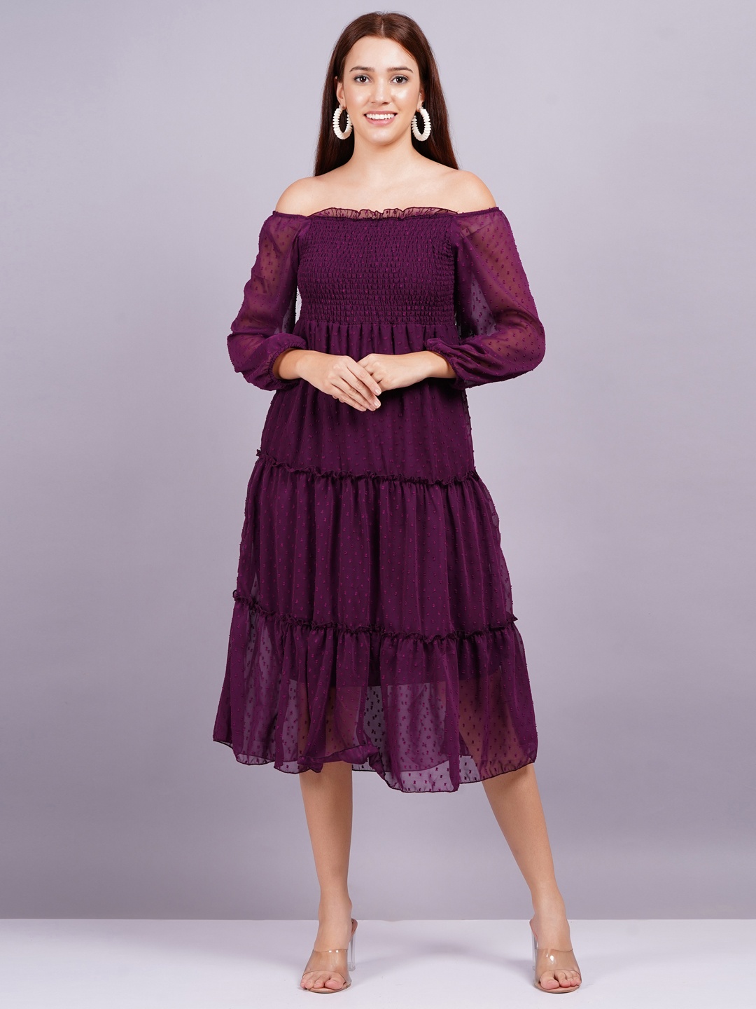 

BPT DESIGNER Off-Shoulder Smocked Detail Georgette Fit & Flare Dress, Violet
