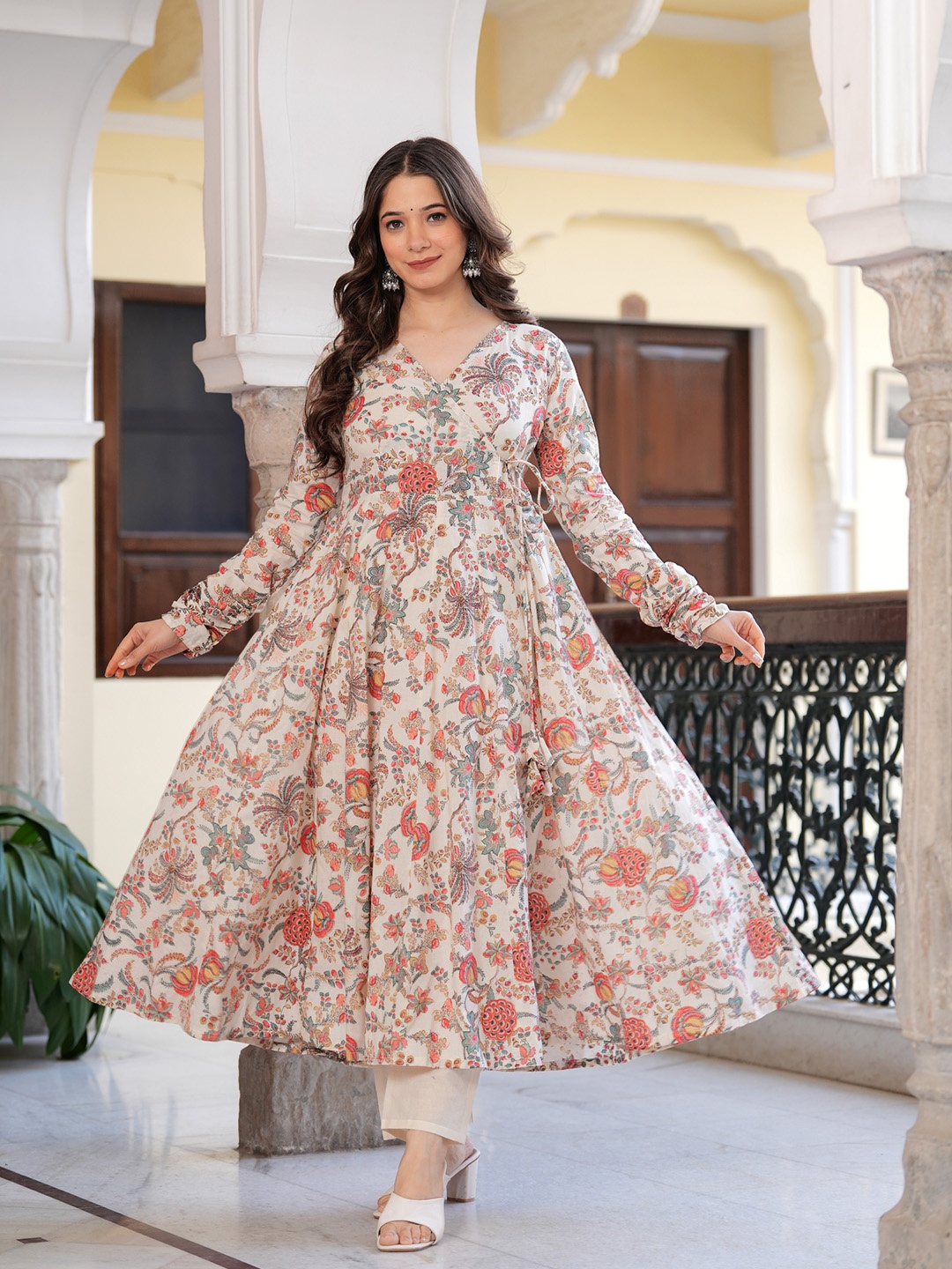 

Sitaram Designer Women Floral Printed Angrakha Pure Cotton Kurta with Trousers, Orange