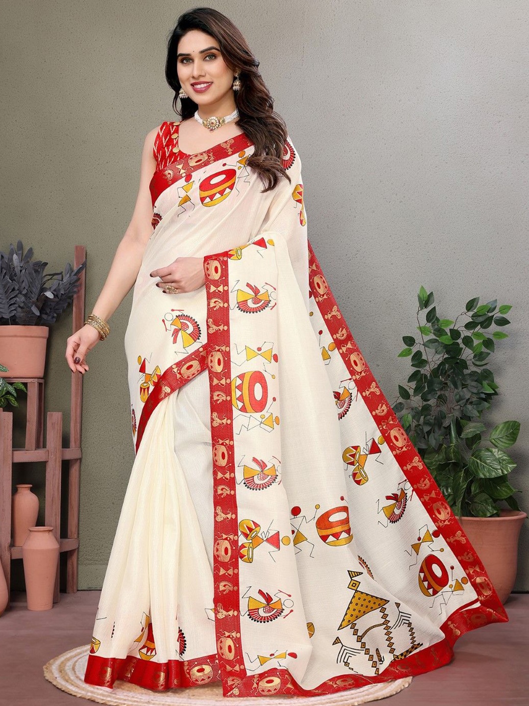 

KALINI Kalamkari Printed Saree, White