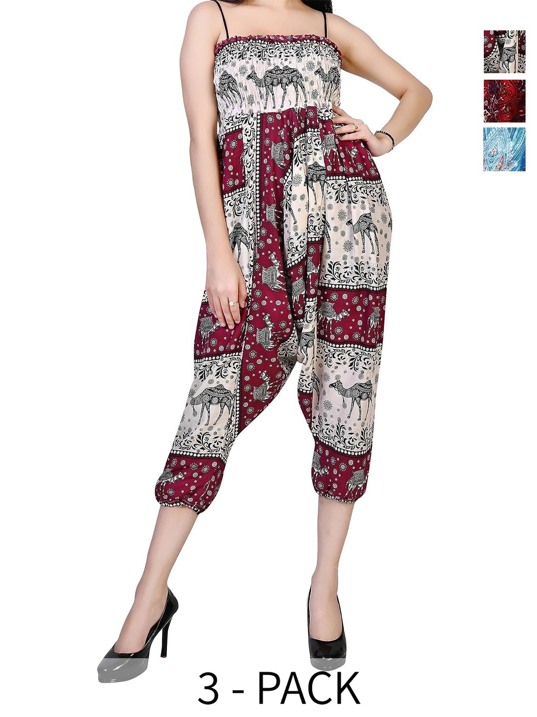 

NarNari Women Pack Of 3 Ethnic Motifs Printed Mid-Rise Harem Pants, Red