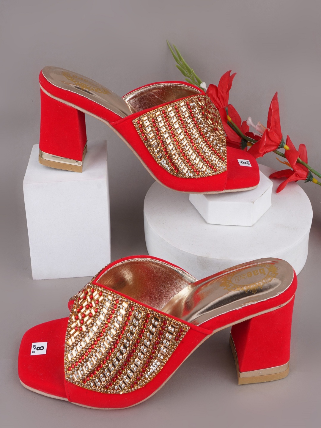 

BAESD Women Embellished Velvet Party Block Sandals, Red