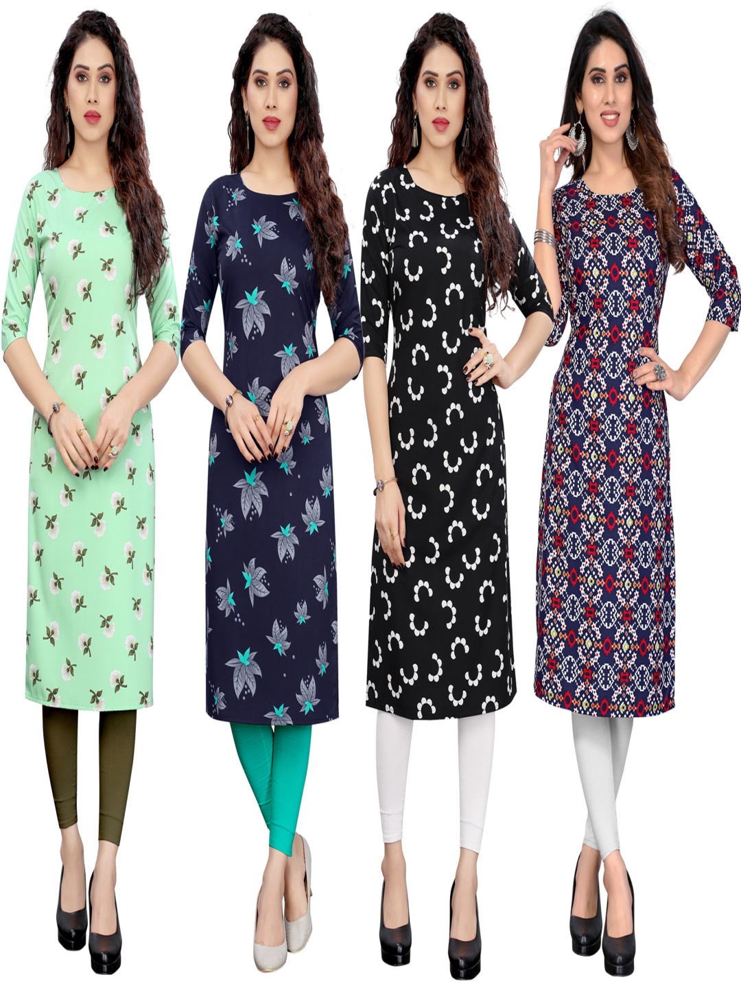 

KETAKI FASHION Selection Of 4 Floral Printed Round Neck Straight Kurtas, Green