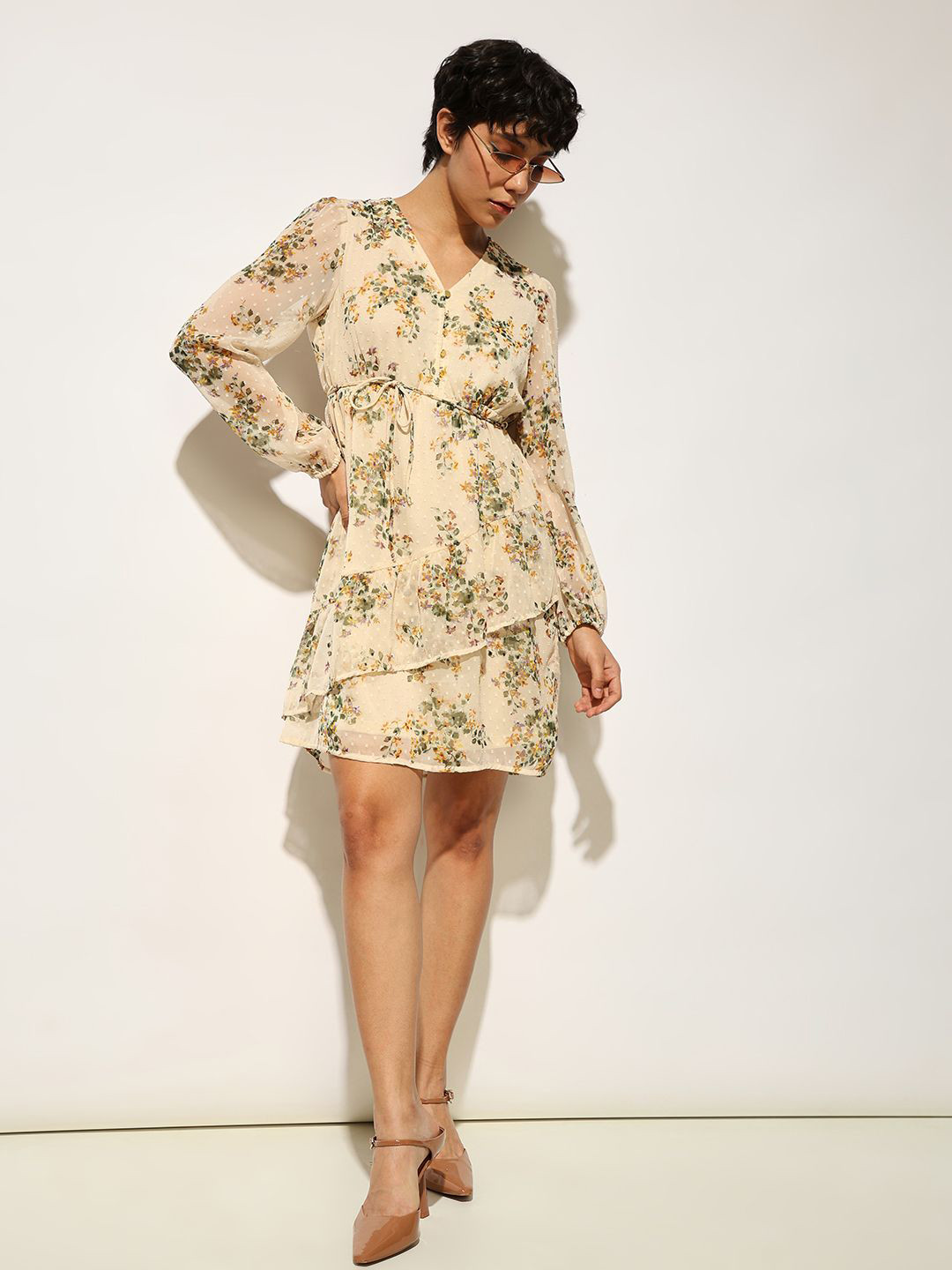 

ONLY Floral Print Chiffon Mini Dress, Cream