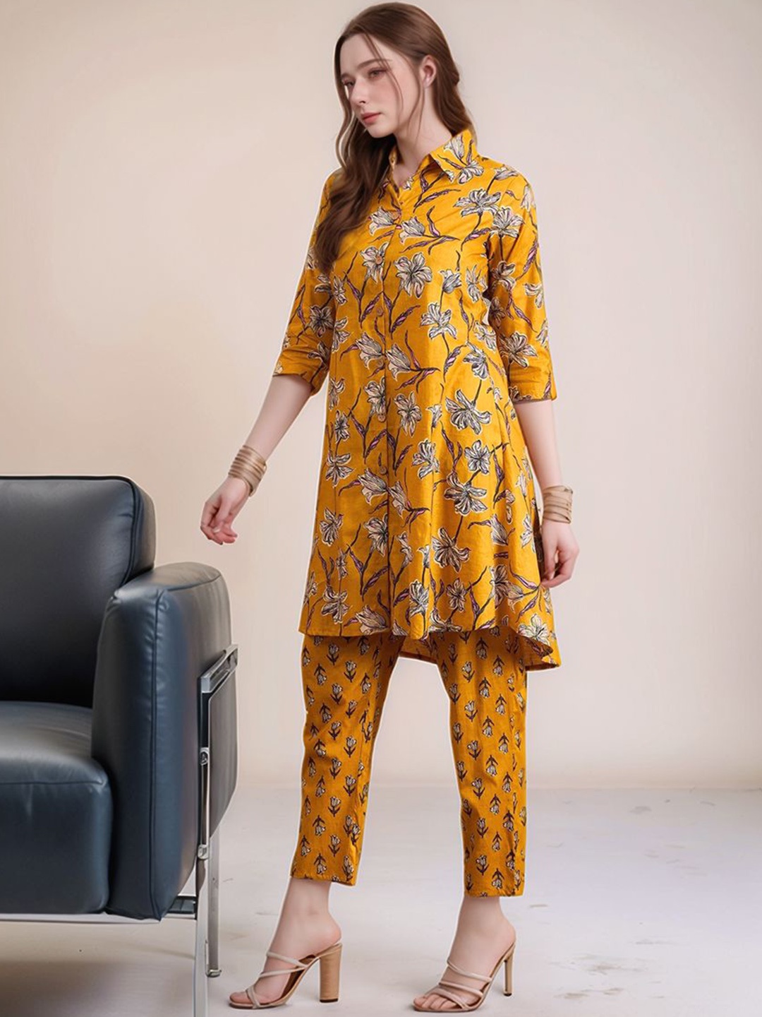 

ANEKYA Floral Printed Shirt Collar Pure Cotton Tunic With Trouser, Mustard